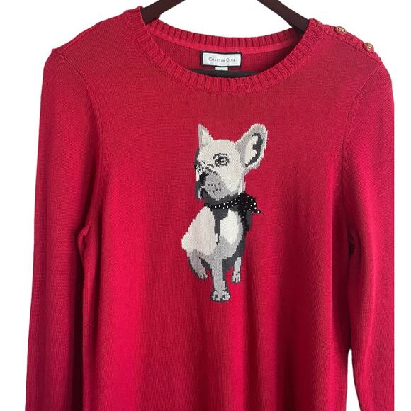 Charter Club Women Tunic Sweater M Red French Bulldog Graphic Knit Dog Novelty - Picture 4 of 10